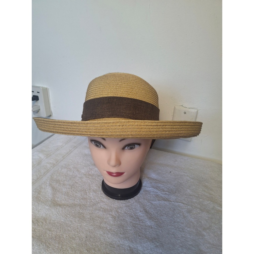 Kestral Tan Straw Sun Hat Wide Brim Brown Ribbon Bow 100% Paper Summer Beach
